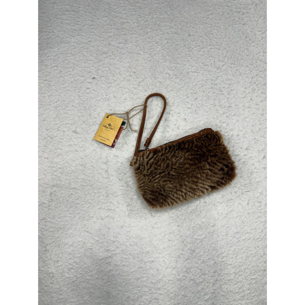 Patricia Nash Faux Fur and Leather Wristlet Pouch Cognac Brown P062278